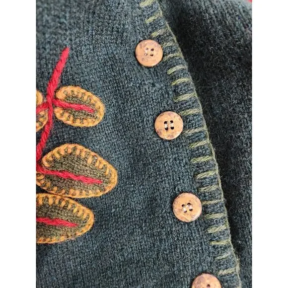 Vtg. L.L.Bean Women's Shetland Wool Embroidered Fall Leaf, Size M, Forest Green - Picture 4 of 13